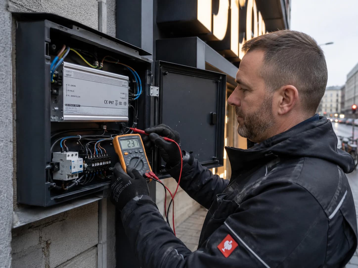 Stromversorgung einer Werbeanlage wird geprüft