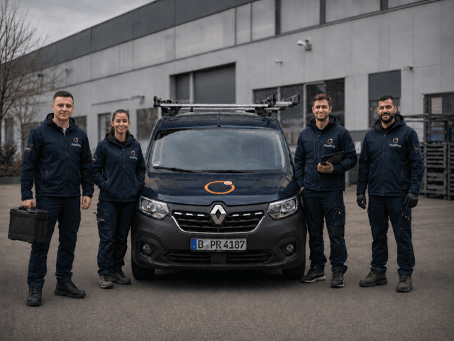 PixelRing Serviceteam mit Fahrzeug für Werbeanlagen-Reparatur in Berlin