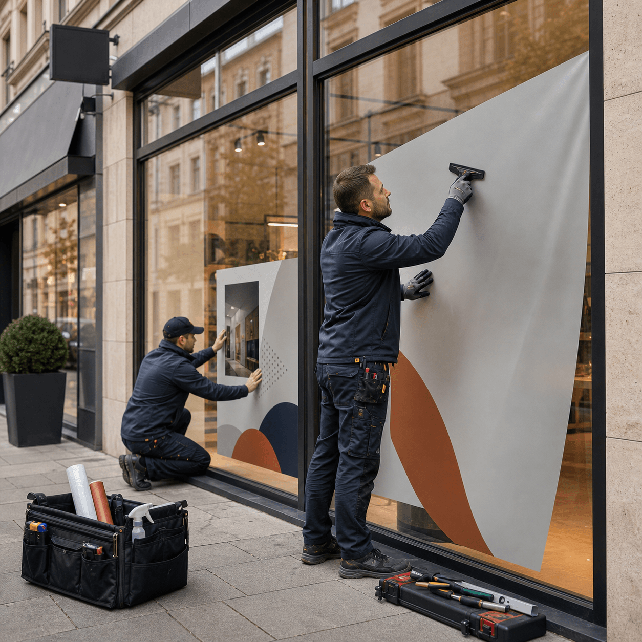 Montage von Schaufensterfolie und gedruckten Branding-Elementen an einem Geschäftsstandort