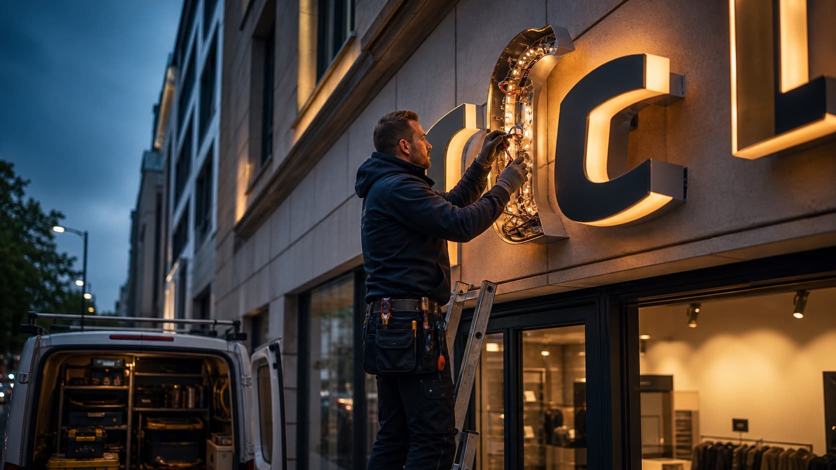 Techniker repariert beleuchtete Profilbuchstaben an einer Fassade