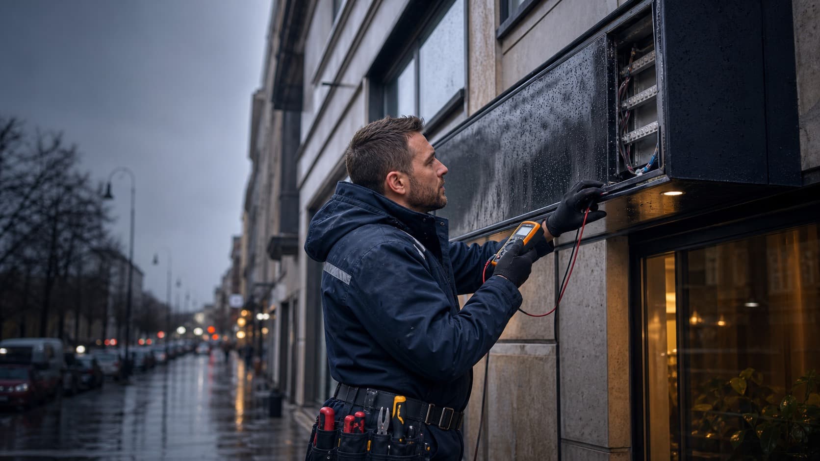 Techniker prüft Feuchtigkeitsschaden an einer Werbeanlage nach Regen