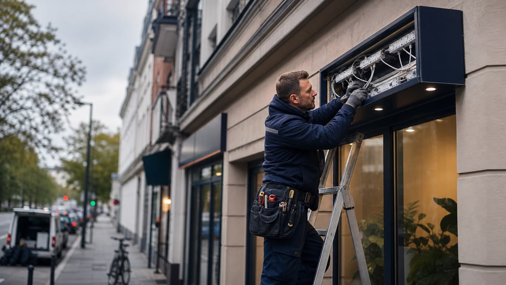 Techniker repariert einen geöffneten Lichtkasten an einer Ladenfassade