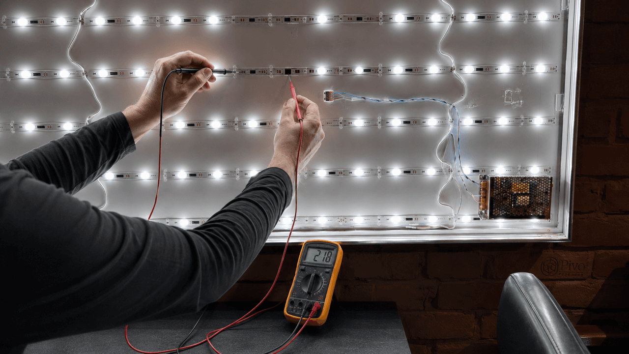 LED-Module in einem geöffneten Leuchtkasten werden mit einem Multimeter geprüft