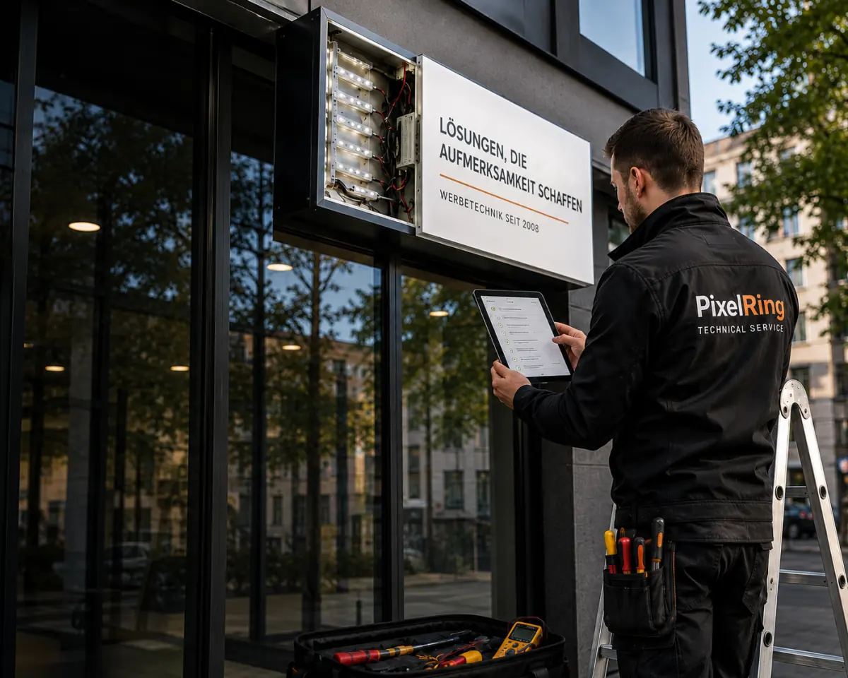 PixelRing Techniker prueft eine geoeffnete Lichtwerbung an einem Kundenobjekt