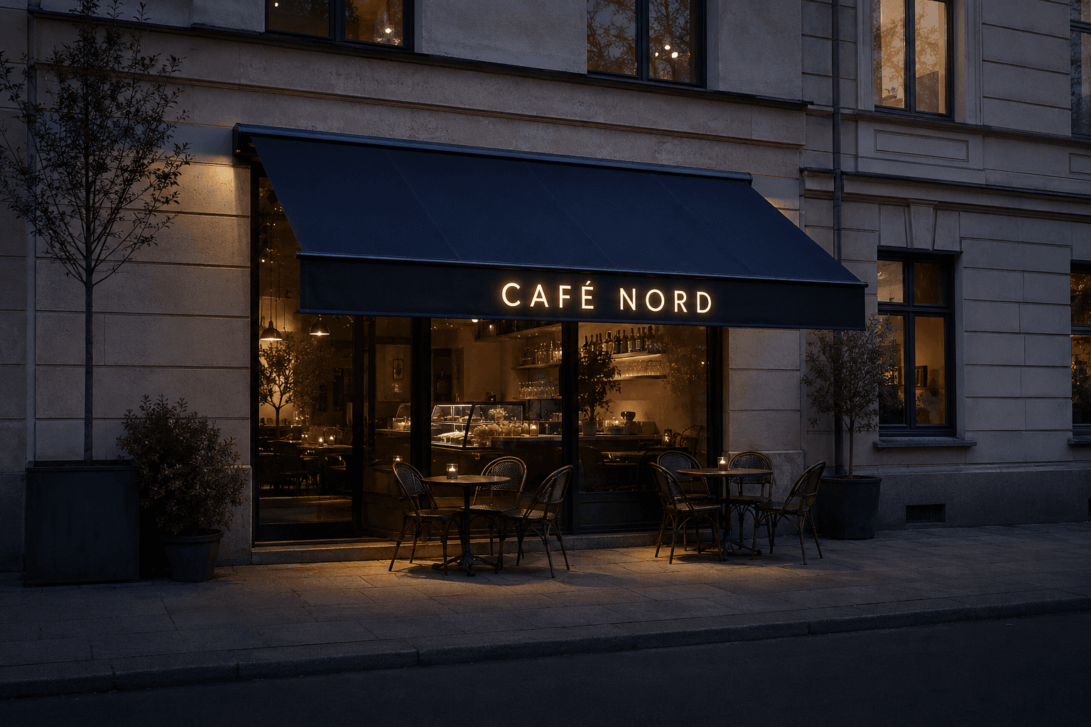 Visualisierung eines Cafés mit beleuchtetem Markisen-Volant am Abend